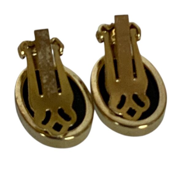 Vintage Goldtone Black Onyx Oval Clip-On Earrings - Picture 2 of 6
